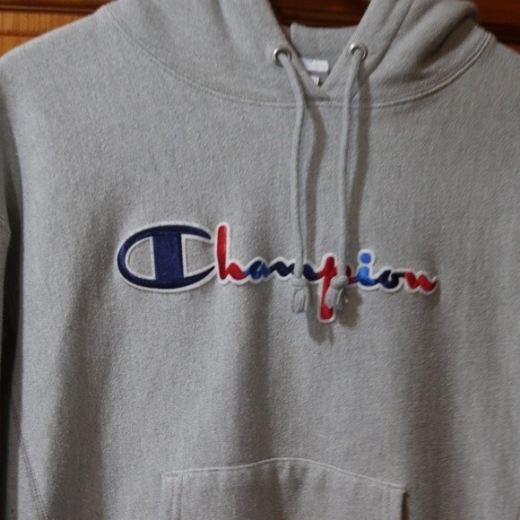 Vintage Champion Gray Reverse Weave Hoodie Sweatshirt Medium Logo Spellout - Picture 4 of 11